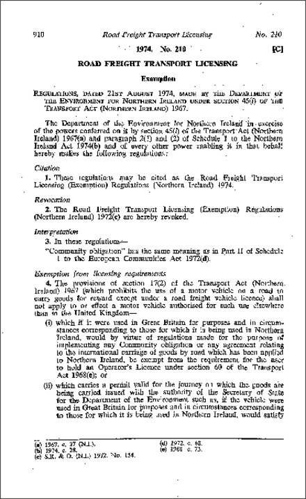 The Road Freight Transport Licensing (Exemption) Regulations (Northern Ireland) 1974