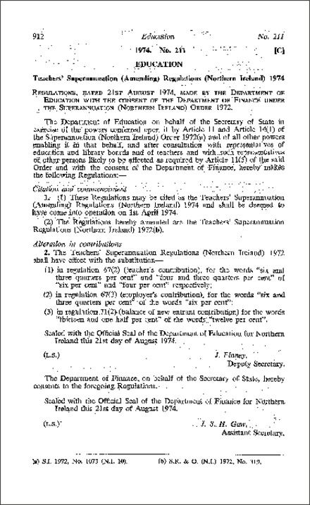 The Teachers' Superannuation (Amendment) Regulations (Northern Ireland) 1974