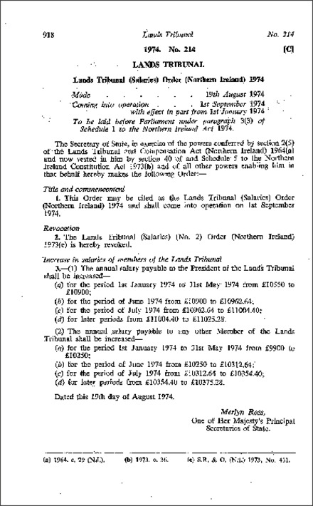 The Lands Tribunal Salaries Order (Northern Ireland) 1974