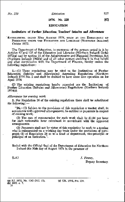 The Institutions of Further Education (Salaries and Allowances) Amendment Regulations (No. 2) (Northern Ireland) 1974