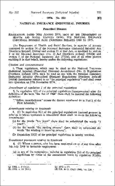 The National Insurance (Industrial Injuries) (Prescribed Diseases) Amendment (No. 2) Regulations (Northern Ireland) 1974