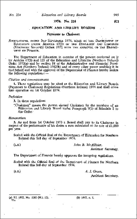 The Education and Library Boards (Payments to Chairmen) Regulations (Northern Ireland) 1974