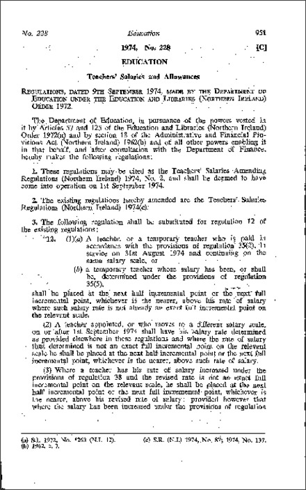 The Teachers' Salaries Amendment Regulations 1974 No. 2 (Northern Ireland) 1974
