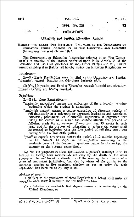 The University and Further Education Awards Regulations (Northern Ireland) 1974