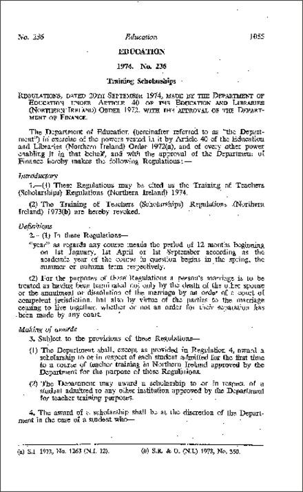 The Training of Teachers (Scholarships) Regulations (Northern Ireland) 1974