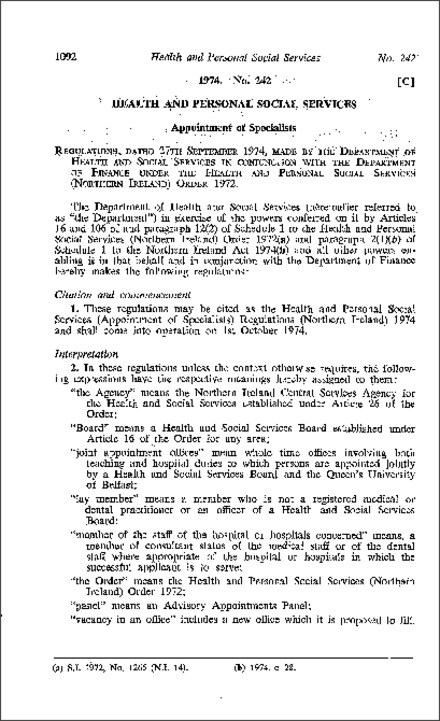 The Health and Personal Social Services (Appointment of Specialists) Regulations (Northern Ireland) 1974