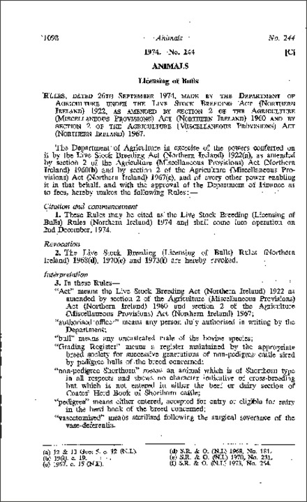 The Live Stock Breeding (Licensing of Bulls) Rules (Northern Ireland) 1974