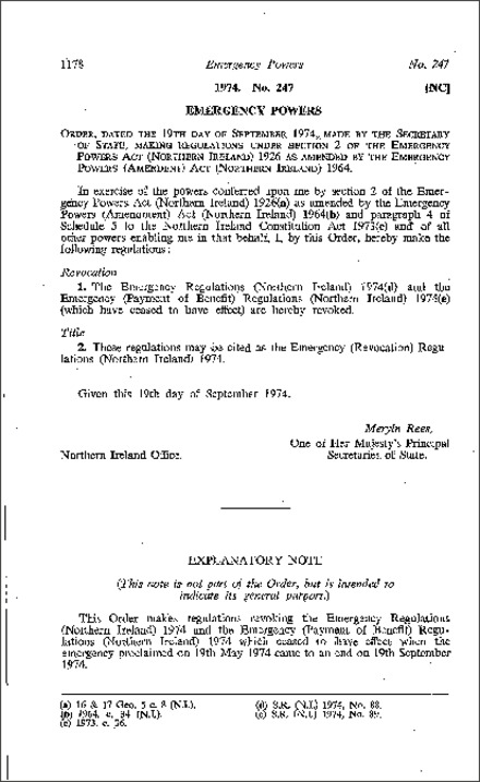 The Emergency (Revocation) Regulations (Northern Ireland) 1974