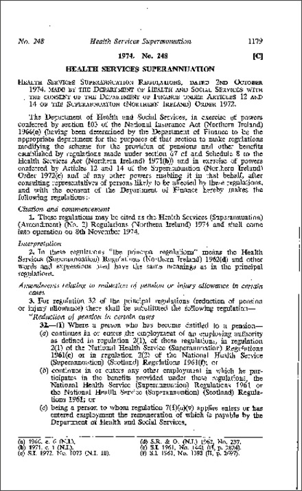 The Health Services (Superannuation) (Amendment) (No. 2) Regulations (Northern Ireland) 1974