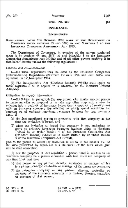 The Insurance Companies (Intermediaries) Regulations (Northern Ireland) 1974