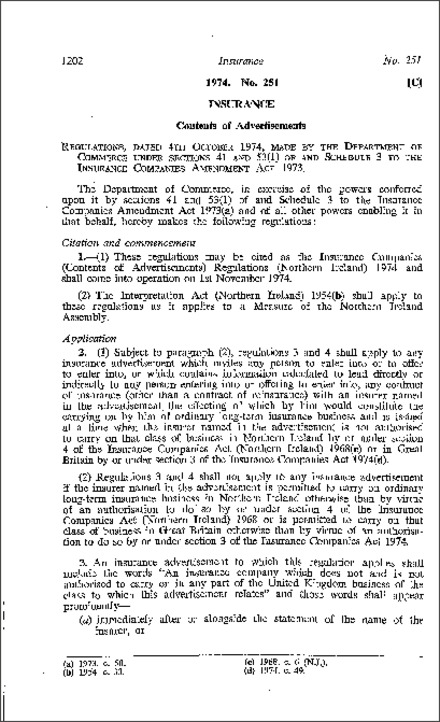 The Insurance Companies (Contents of Advertisements) Regulations (Northern Ireland) 1974