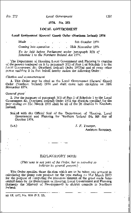 The Local Government (General Grant) Order (Northern Ireland) 1974