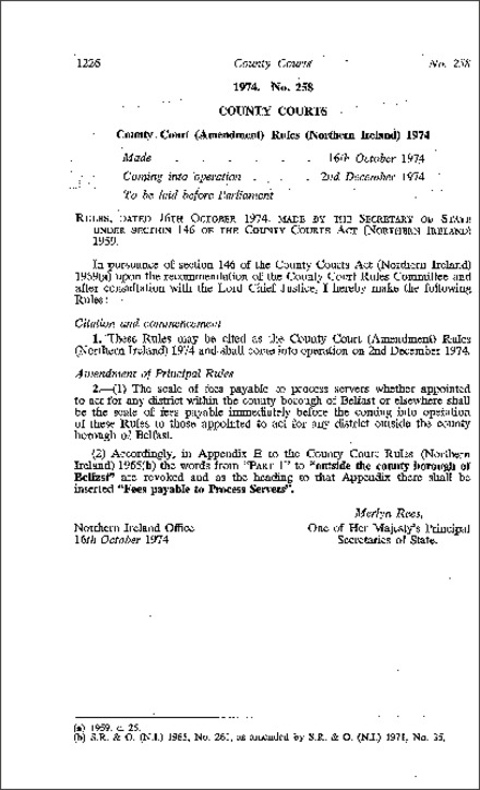 The County Court (Amendment) Rules (Northern Ireland) 1974