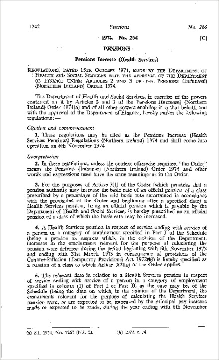 The Pensions Increase (Health Services Pensions) Regulations (Northern Ireland) 1974