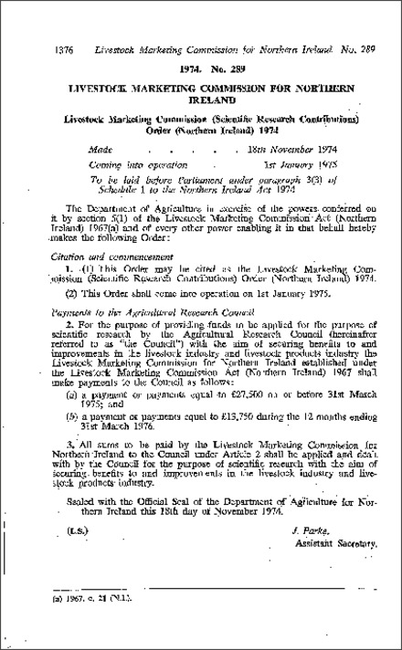 The Livestock Marketing Commission (Scientific Research Contributions) Order (Northern Ireland) 1974