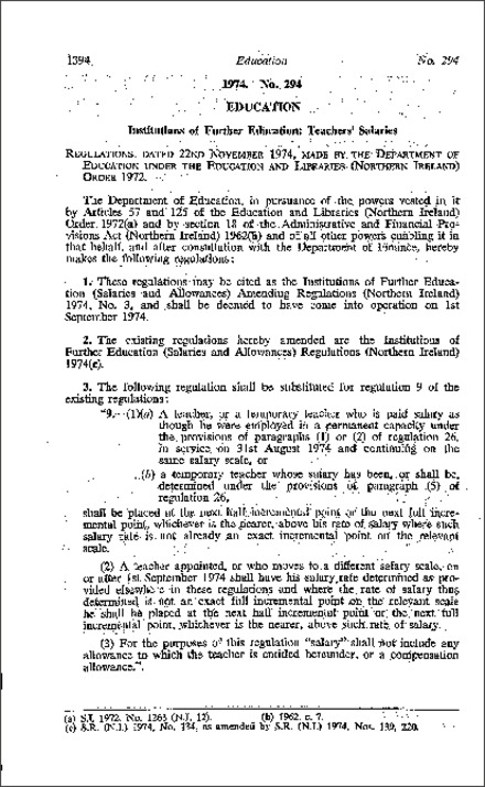 The Institutions of Further Education (Salaries and Allowances) Amendment Regulations 1974 No. 3 (Northern Ireland) 1974