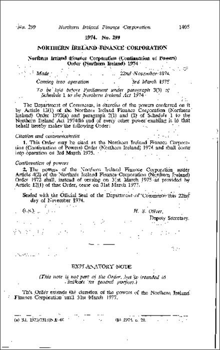The Northern Ireland Finance Corporation (Continuation of Powers) Order (Northern Ireland) 1974