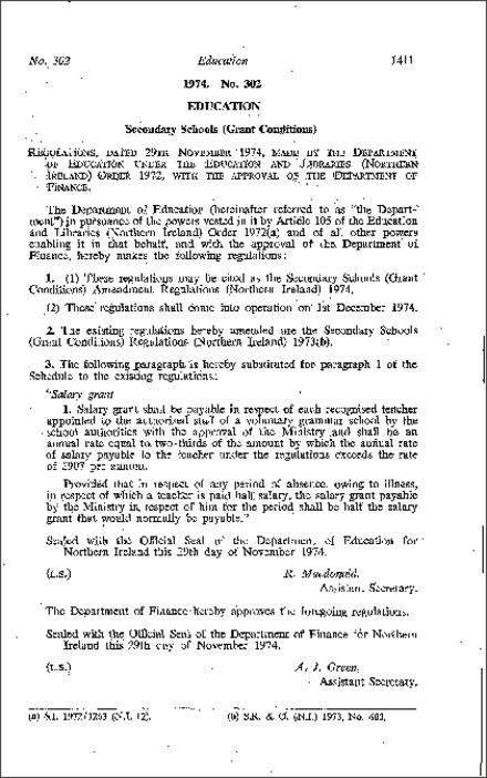 The Secondary Schools (Grant Conditions) Amendment Regulations (Northern Ireland) 1974