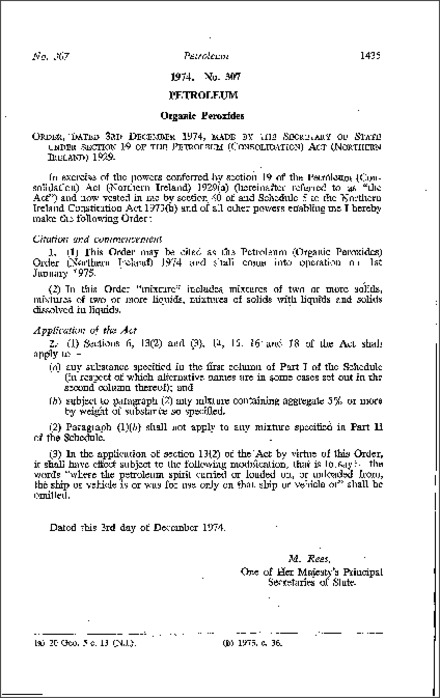 The Petroleum (Organic Peroxides) Order (Northern Ireland) 1974