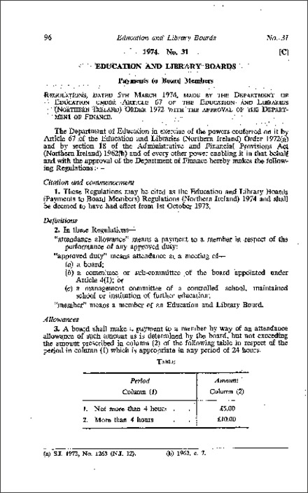 The Education and Library Boards (Payments to Board Members) Regulations (Northern Ireland) 1974