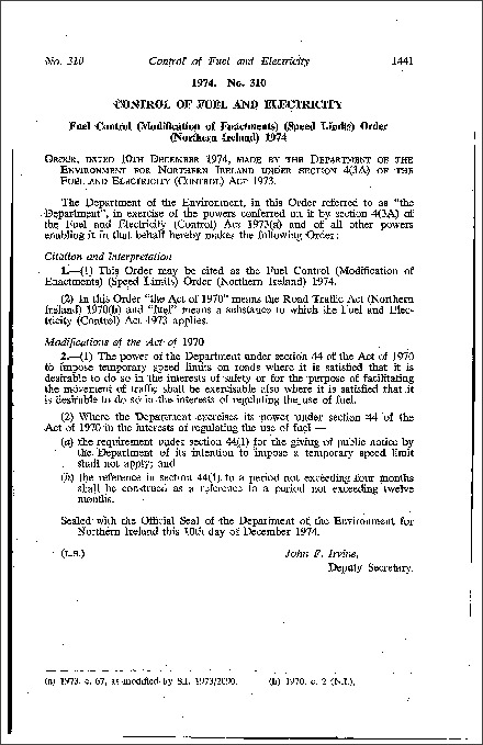 The Fuel Control (Modification of Enactments) (Speed Limits) Order (Northern Ireland) 1974