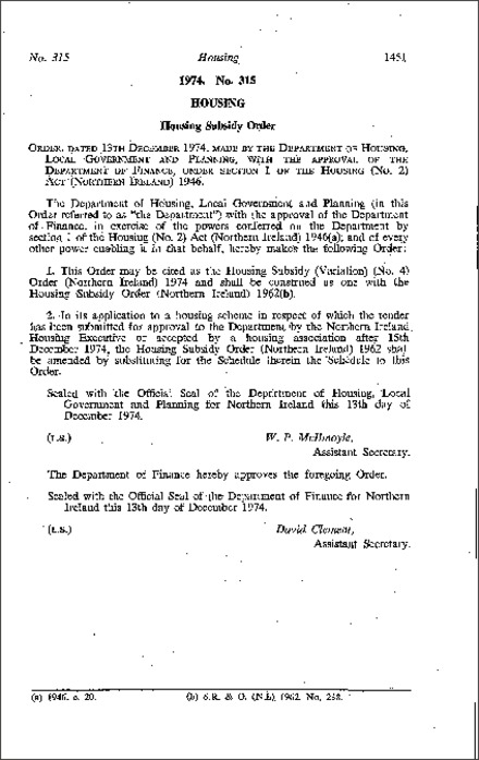 The Housing Subsidy (Variation) (No. 4) Order (Northern Ireland) 1974