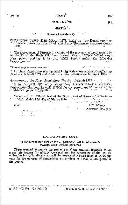 The Rates (Amendment) Regulations (Northern Ireland) 1974