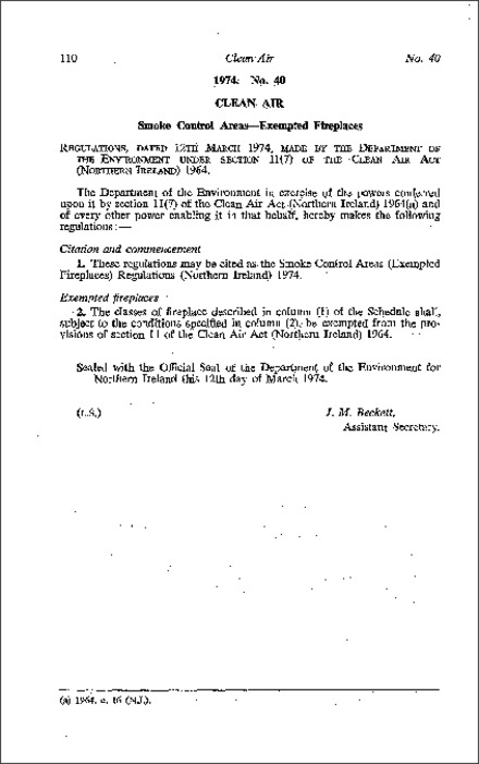 The Smoke Control Areas (Exempted Fireplaces) Regulations (Northern Ireland) 1974