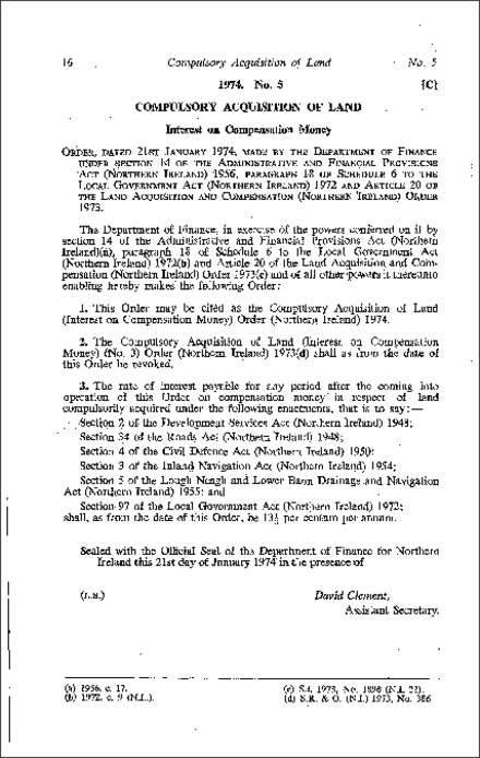 The Compulsory Acquisition of Land (Interest on Compensation Money) Order (Northern Ireland) 1974