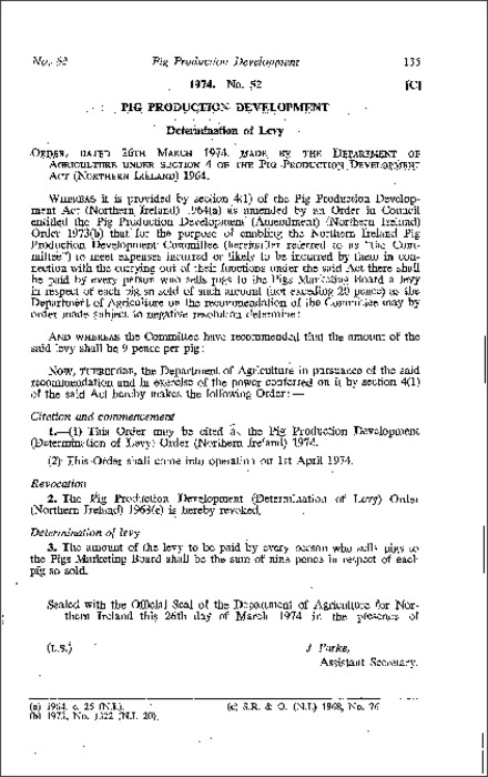 The Pig Production Development (Determination of Levy) Order (Northern Ireland) 1974