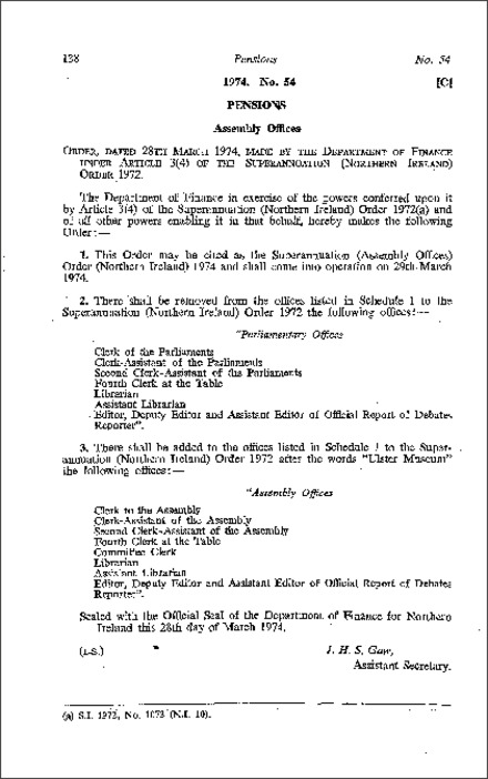 The Superannuation (Assembly Offices) Order (Northern Ireland) 1974