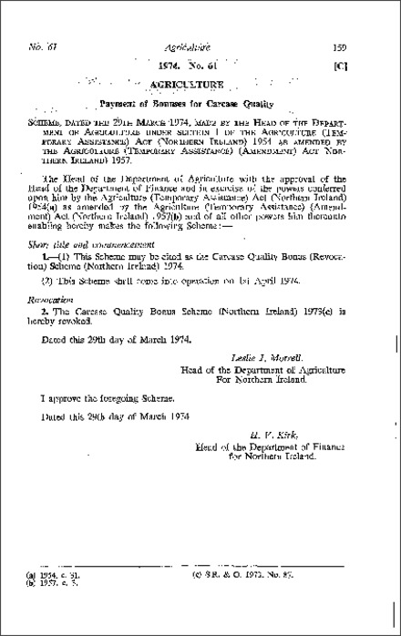 The Carcase Quality Bonus (Revocation) Scheme (Northern Ireland) 1974