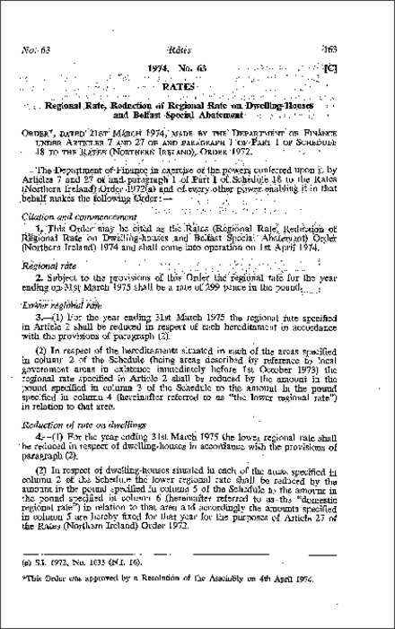 The Reduction of Regional Rate on Dwelling-houses and Belfast Special Abatement Order (Northern Ireland) 1974