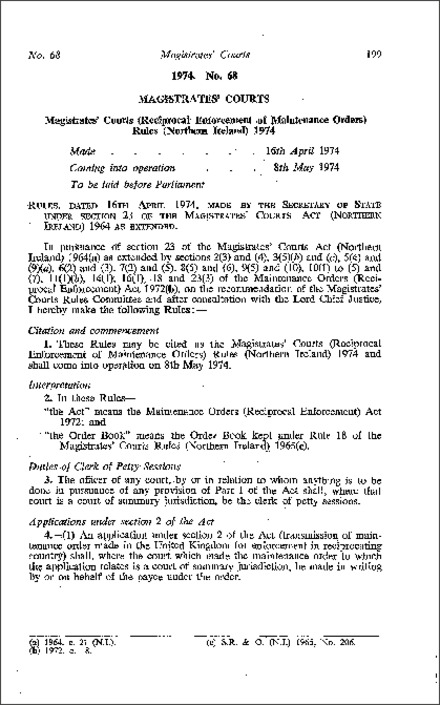 The Magistrates' Courts (Reciprocal Enforcement of Maintenance Orders) Rules (Northern Ireland) 1974