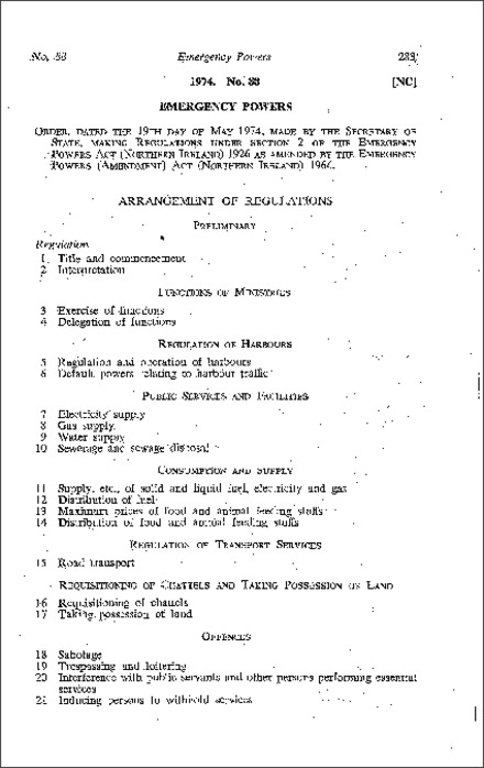 The Emergency Regulations (Northern Ireland) 1974