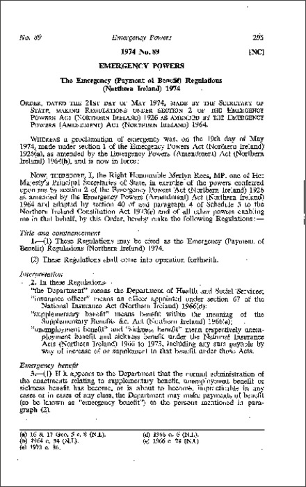 The Emergency (Payment of Benefit) Regulations (Northern Ireland) 1974