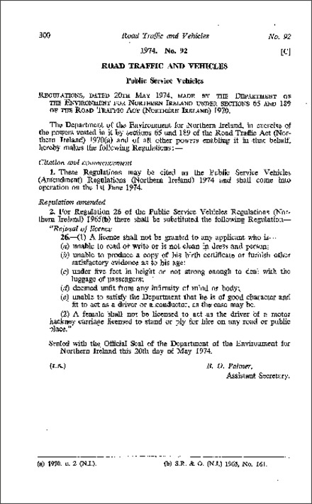 The Public Service Vehicles (Amendment) Regulations (Northern Ireland) 1974