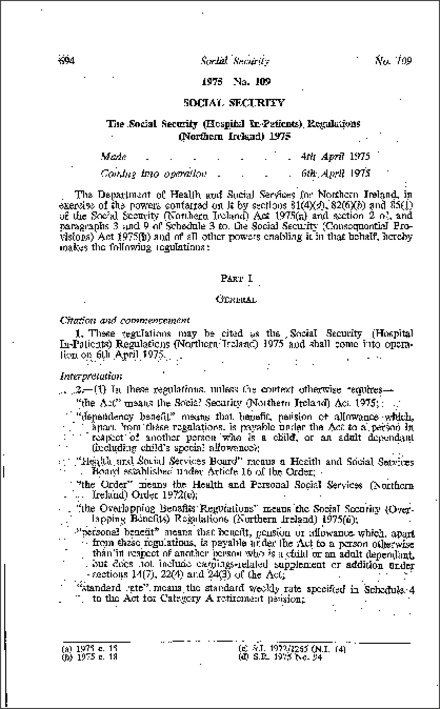 The Social Security (Hospital In-Patients) Regulations (Northern Ireland) 1975