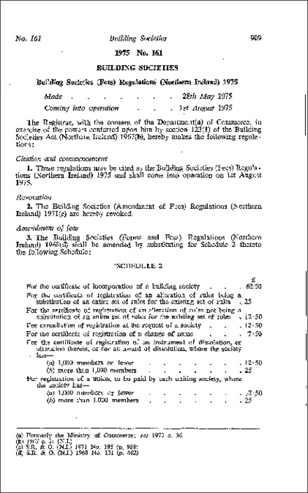 The Building Societies (Fees) Regulations (Northern Ireland) 1975