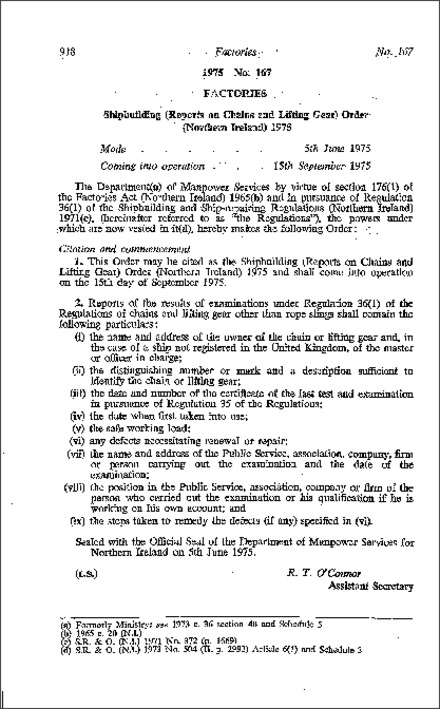 The Shipbuilding (Reports on Chains and Lifting Gear) Order (Northern Ireland) 1975