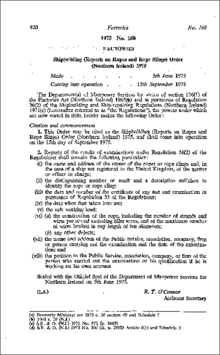 The Shipbuilding (Reports on Ropes and Rope Slings) Order (Northern Ireland) 1975