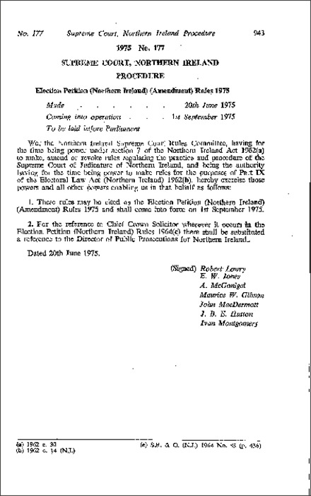 The Election Petition (Northern Ireland) (Amendment) Rules (Northern Ireland) 1975