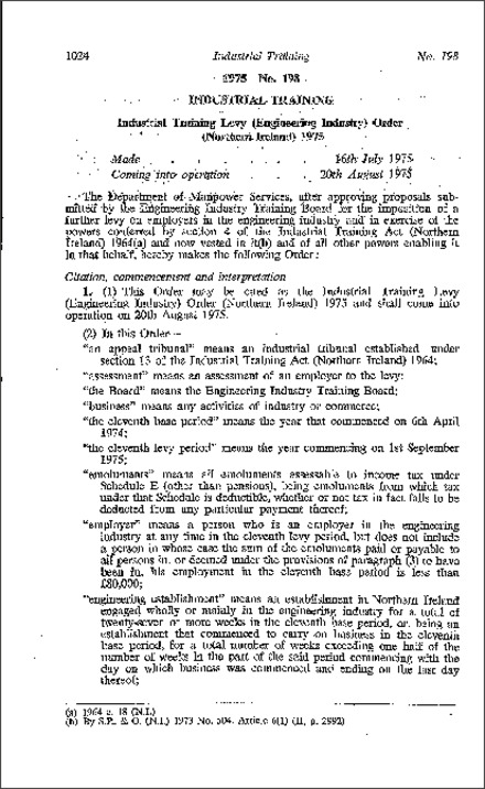 The Industrial Training Levy (Engineering Industry) Order (Northern Ireland) 1975