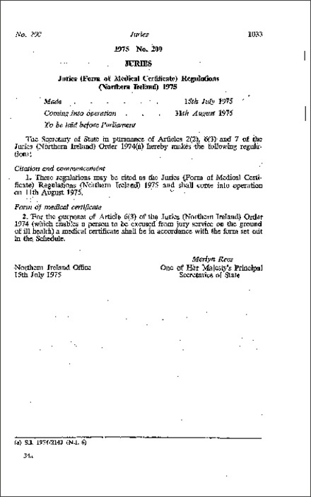 The Juries (Form of Medical Certificate) Regulations (Northern Ireland) 1975