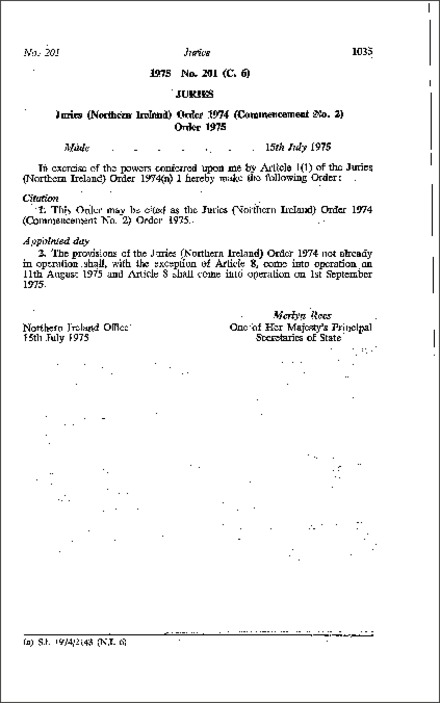 The Juries (Northern Ireland) Order 1974 (Commencement No. 2) Order (Northern Ireland) 1975