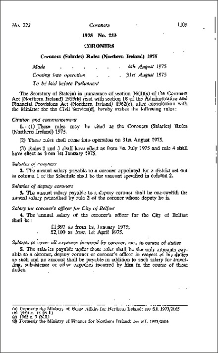 The Coroners (Salaries) Rules (Northern Ireland) 1975