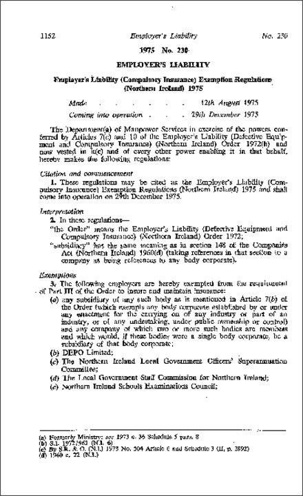 The Employer's Liability (Compulsory Insurance) Exemptions Regulations (Northern Ireland) 1975