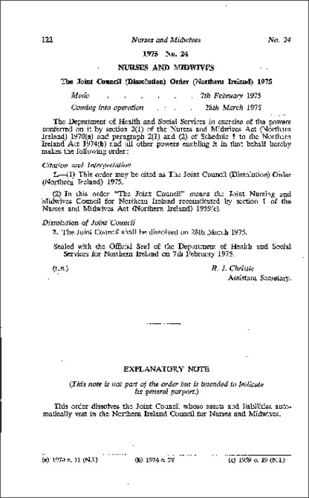 The Joint Council (Dissolution) Order (Northern Ireland) 1975