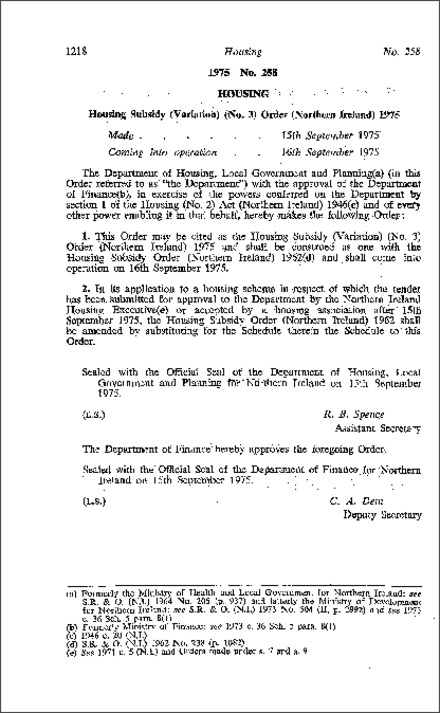 The Housing Subsidy (Variation) (No. 3) Order (Northern Ireland) 1975