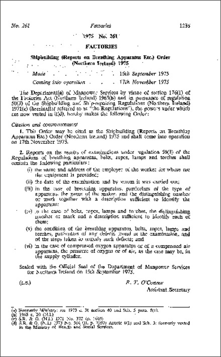 The Shipbuilding (Reports on Breathing apparatus etc.) Order (Northern Ireland) 1975